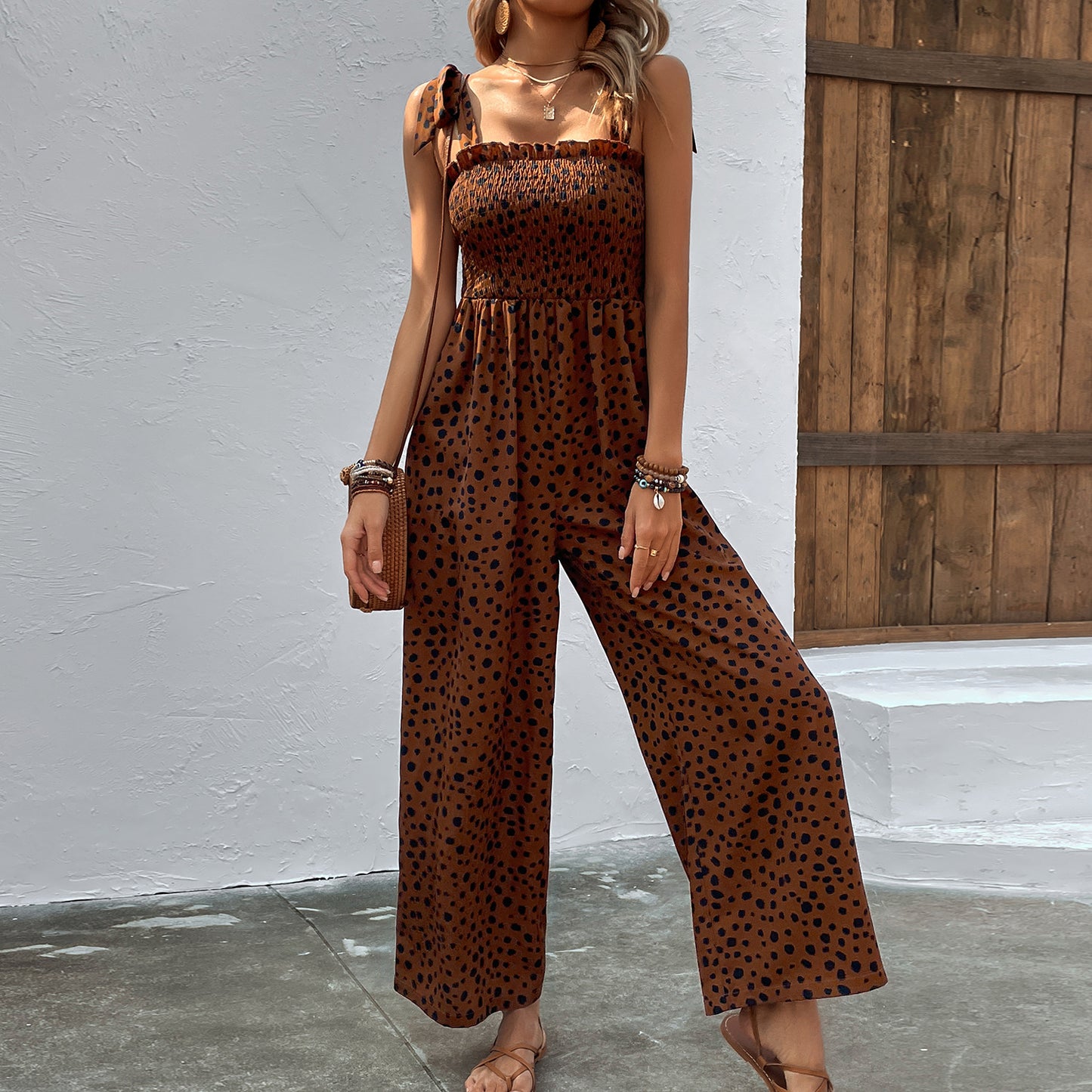 Women Pocket Waist Slimming Polka Dot Brace Jumpsuit Printing