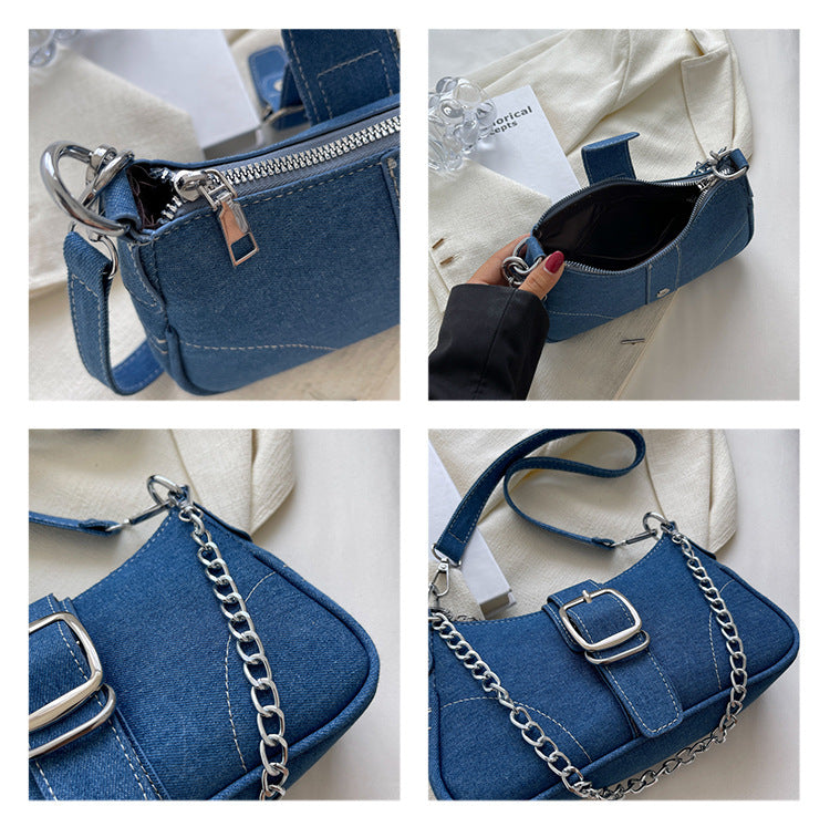 "Chic Denim Crossbody Armpit Bag with Fashionable Chains