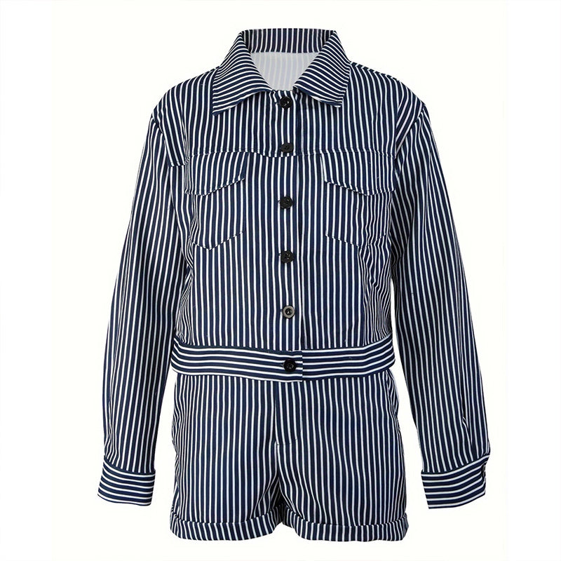 Women's Striped Print Casual Two-Piece Set Button-Up Long Sleeve Jacket & Shorts With Slant Pockets, Summer Fashion Outfit