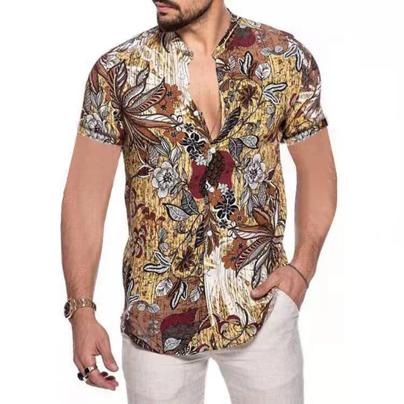 Men's Short-Sleeved Half-High Collar Floral Printed Shirt