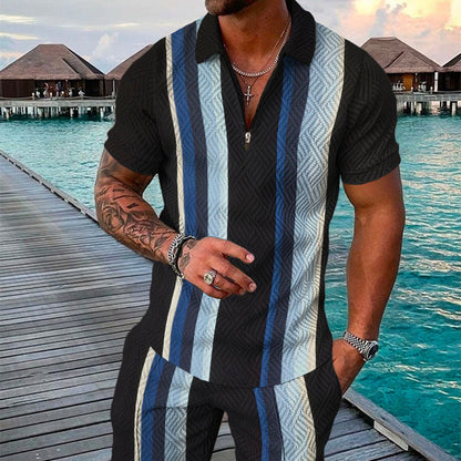 Men's Summer Fashion 3D Printed Short Sleeve Geometric Zip Lapel Shirt Set