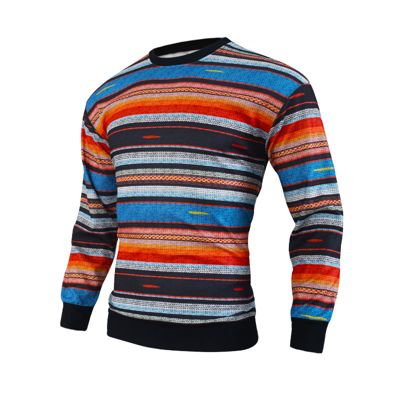 Men's Loose Round Neck Waffle Color Stripe Versatile Casual Bottomed Sweater