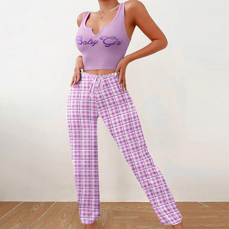 Homewear Vest Color Matching Plaid Trousers Letter Print Top Pajamas For Women