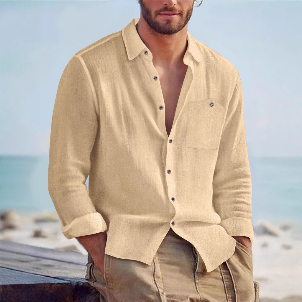 Mens Linen Loose-fit Solid-color Lapel Cardigan Shirt