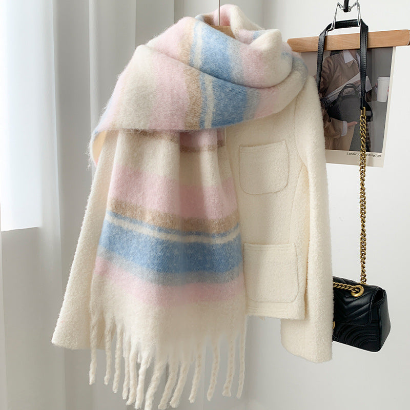 Fashion Striped Mohair Plaid Scarf For Women