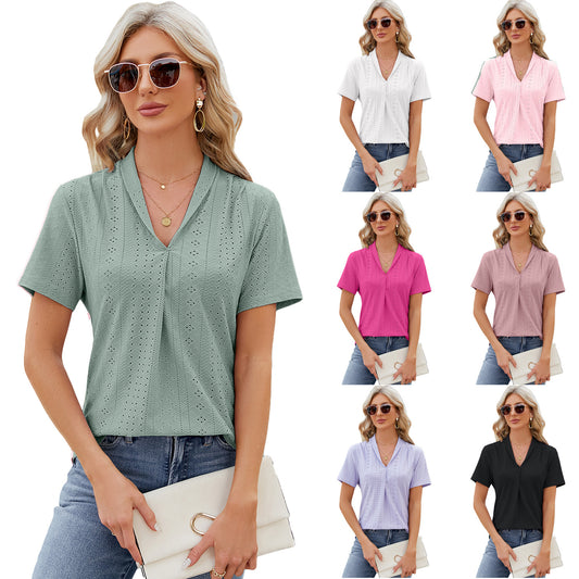 Women V-neck Hollow Design Summer Loose Short-sleeve T-shirt