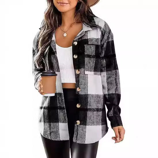 Women's Brushed Woolen Jacket Plaid