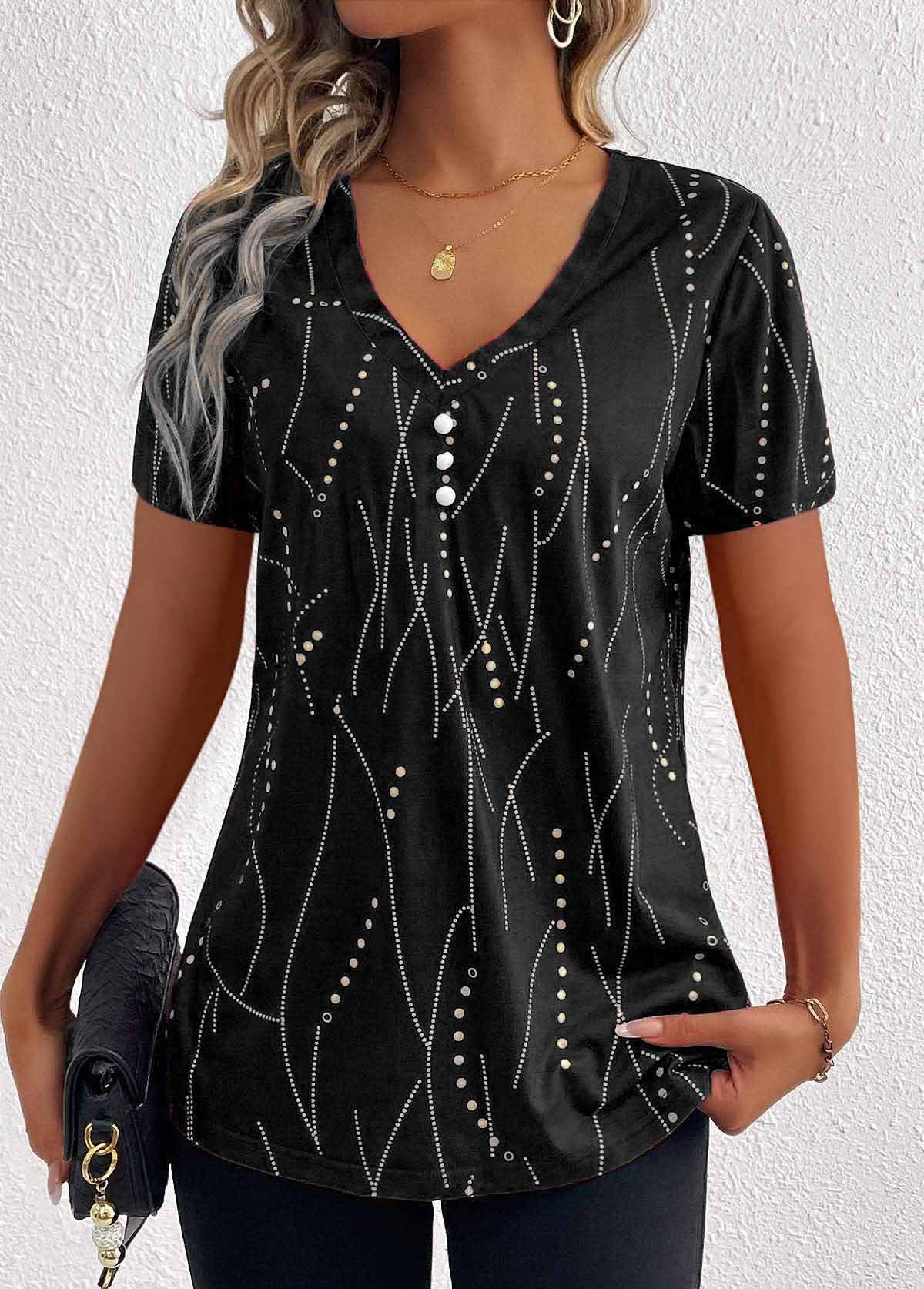 Women V-neck Printed Button Summer Fashion Leisure Short-sleeved T-shirt