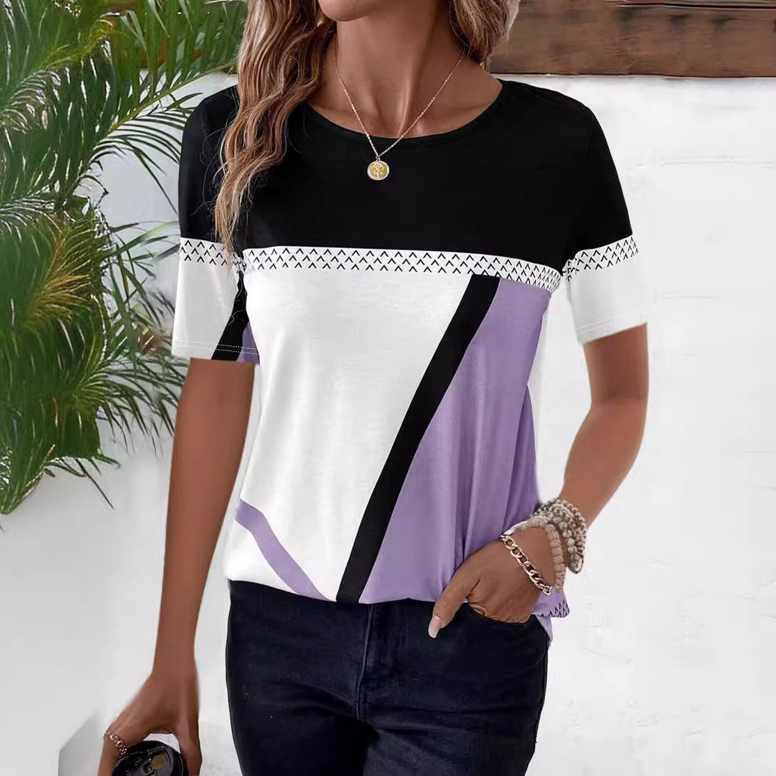 Women's Round Neck Geometric Print Short Sleeve