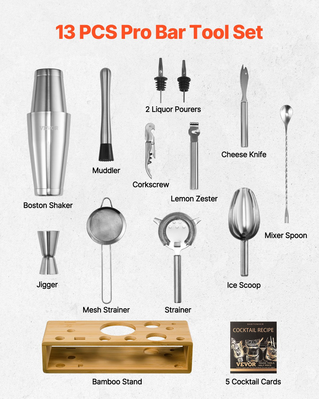 Cocktail Shaker Set, 13-Piece Stainless Steel Bar Tools With Bamboo Stand, Boston Bartender Kit Accessories | Mixer Spoon, Muddler, Jigger, Strainer, Liquor Pourers, Ice Scoop, Lemon Zester