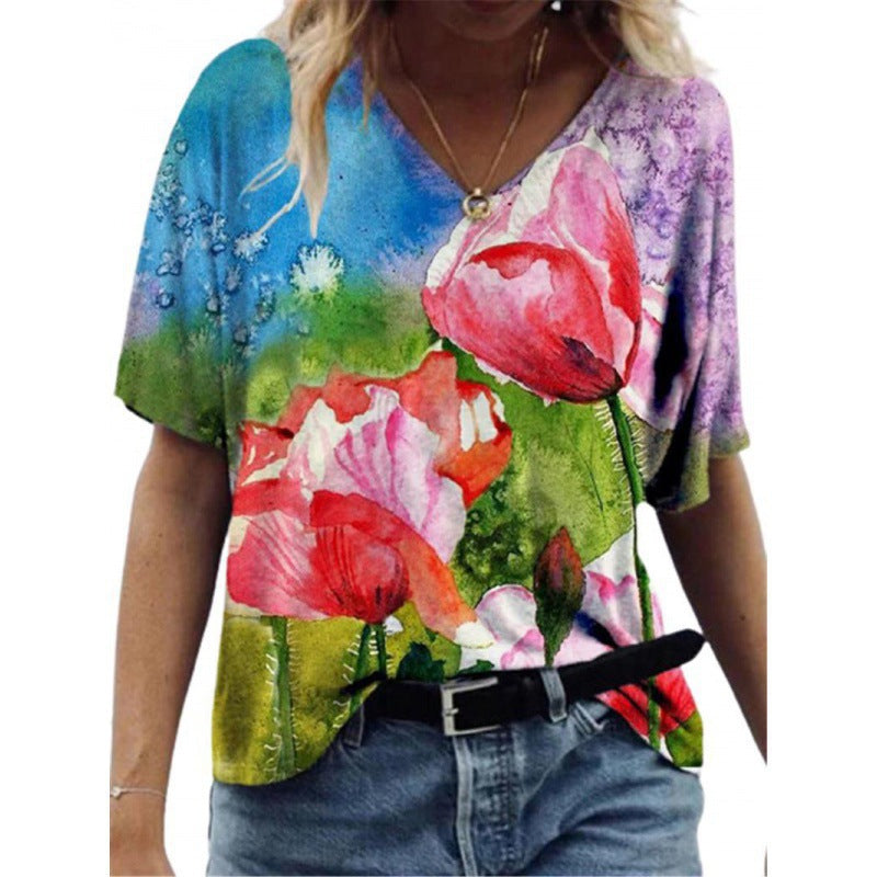 Flower Painting Printed T-shirt For Women