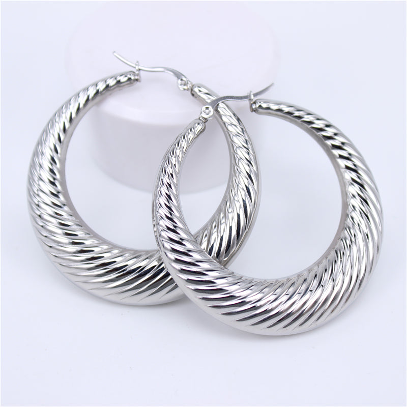 Ladies Fashion Titanium Hollow Round Texture Stainless Steel Earrings