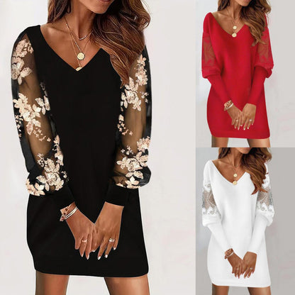 Women Lace Splicing Long-sleeved V-neck Dress