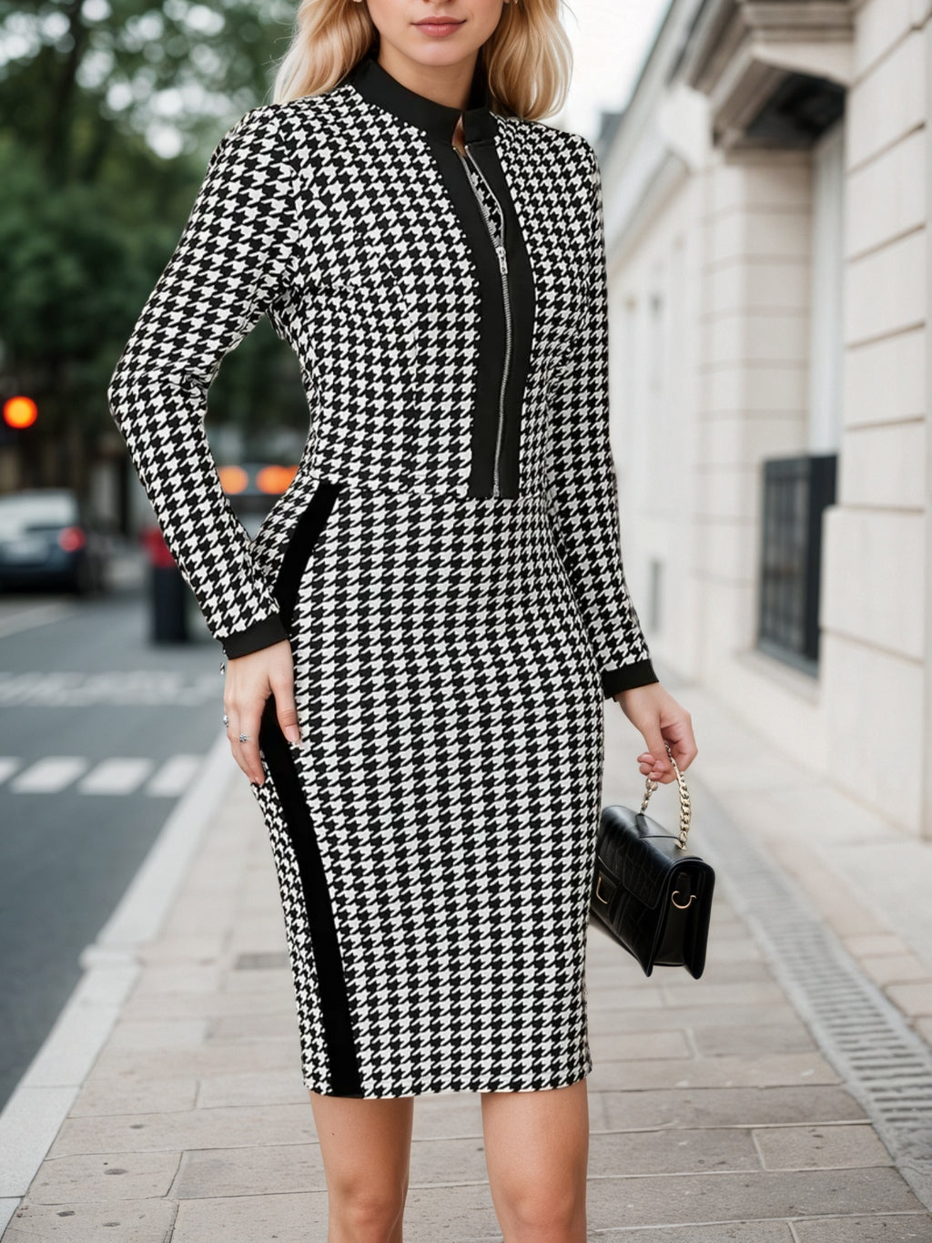 Women's Elegant Thousand Bird Grid 2-piece Set, Jacket And Slimming Dress