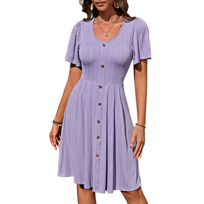 U-Neck Button Short-Sleeve Casual Summer Dress