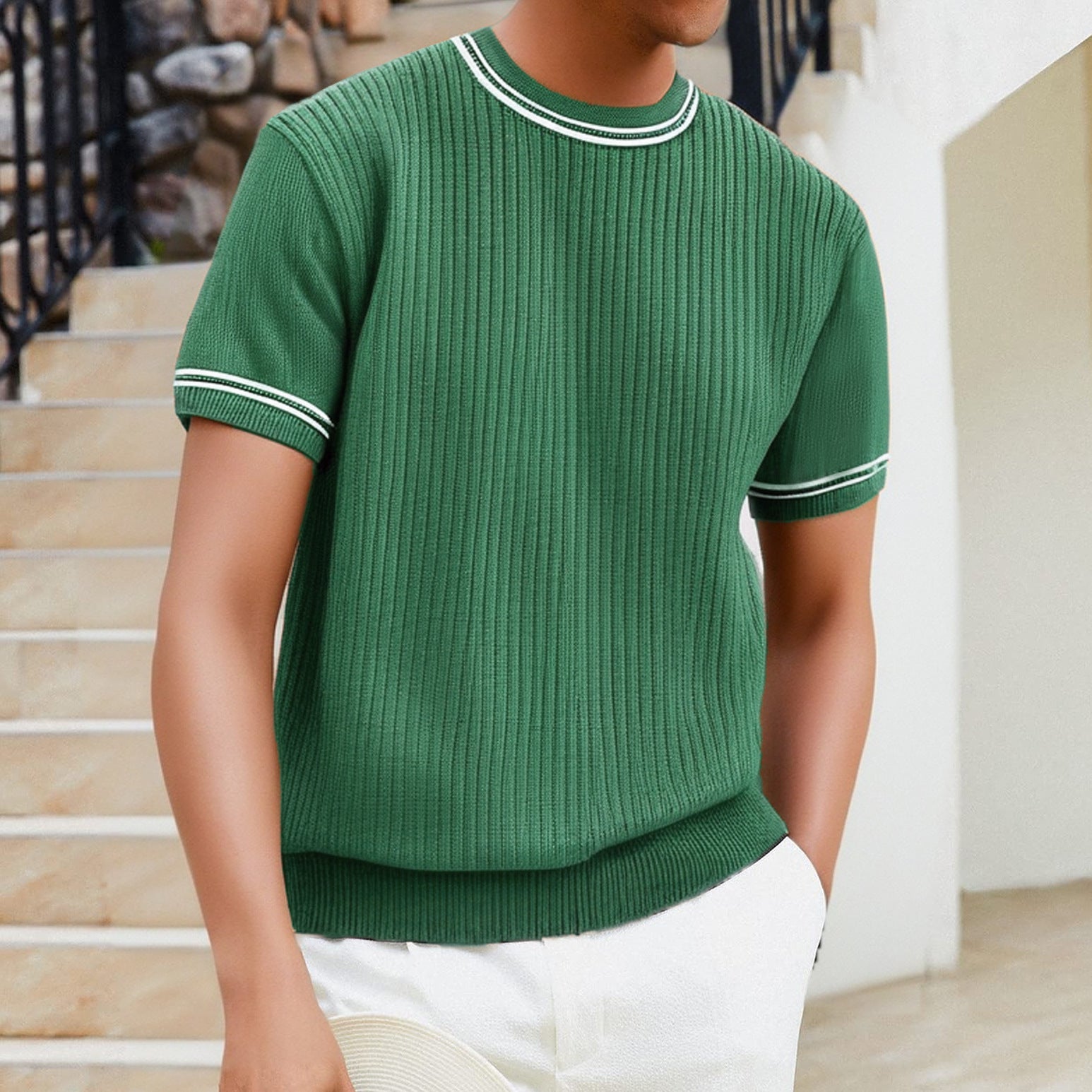 Men's Complex Knitwear Short Sleeve T-shirt Round Neck