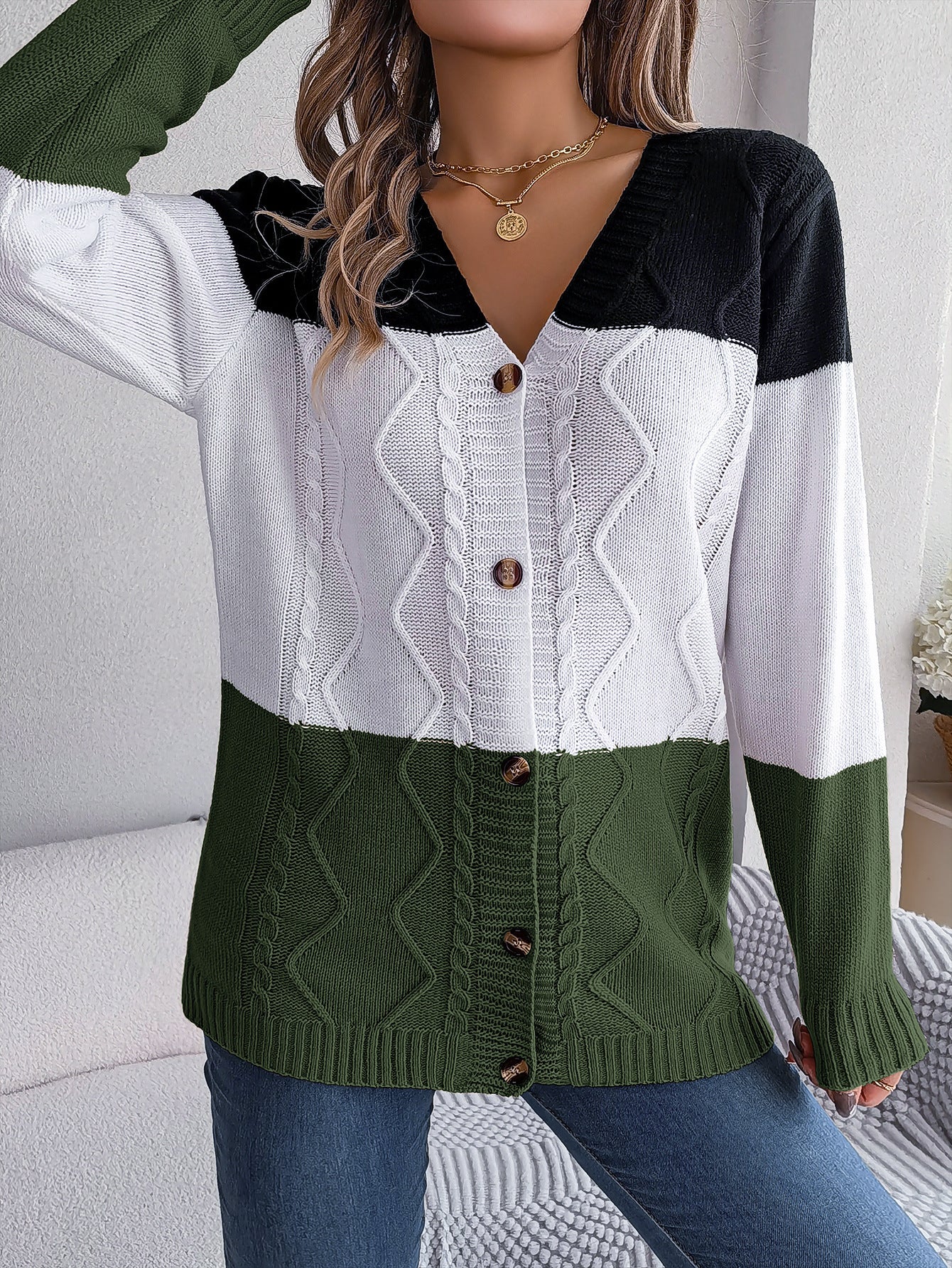 Casual Contrast Color Button Long Sleeve Sweater