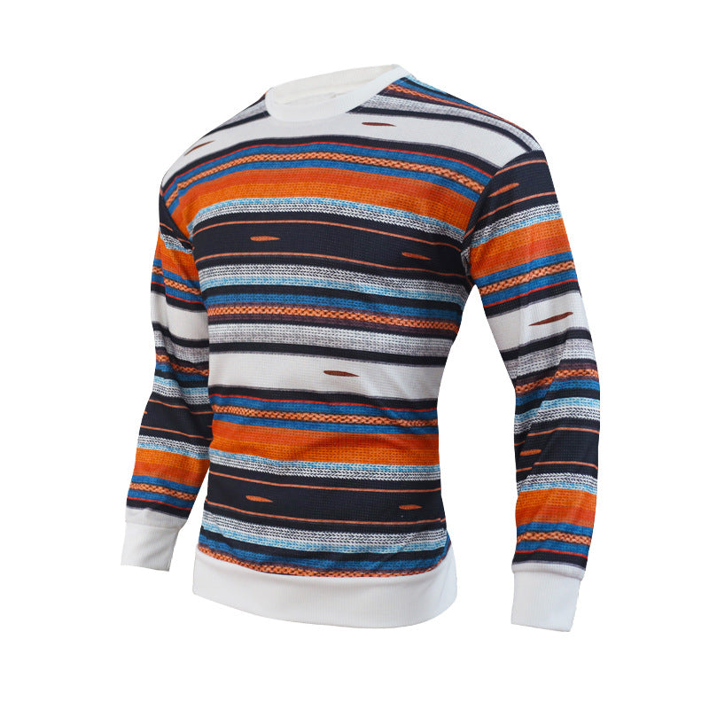 Men's Loose Round Neck Waffle Color Stripe Versatile Casual Bottomed Sweater