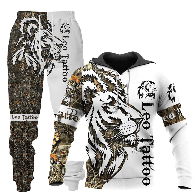 Wolf Print Hooded Tracksuit - Men's Outdoor Fitness Set