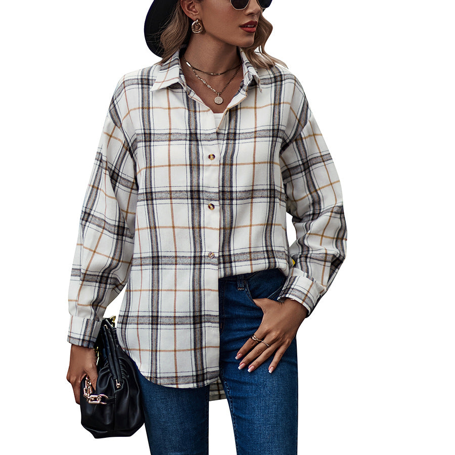 Women's New Casual Loose Boyfriend Plaid Shirt