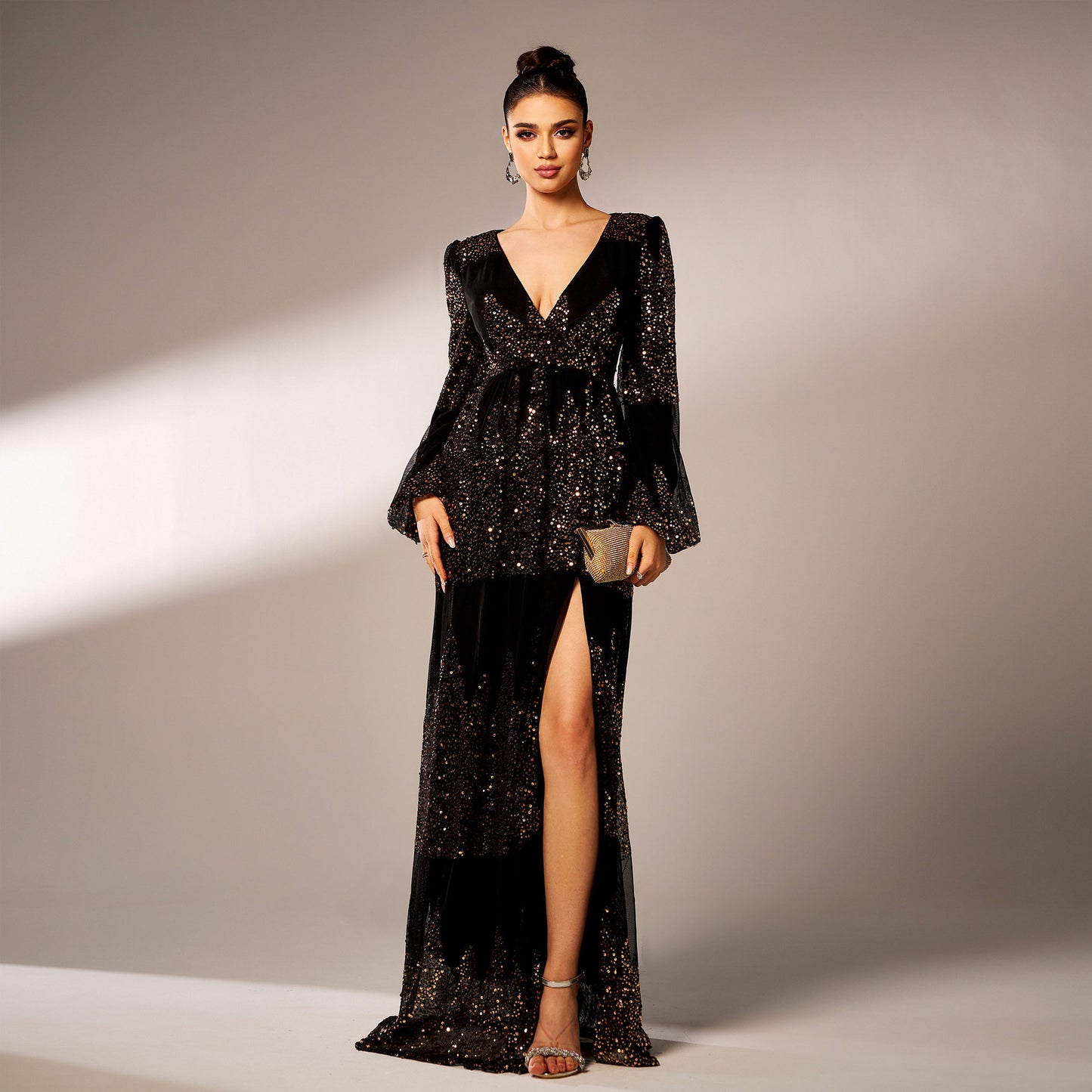 Long Sleeve V-neck Sexy Long Sequined Evening Dress