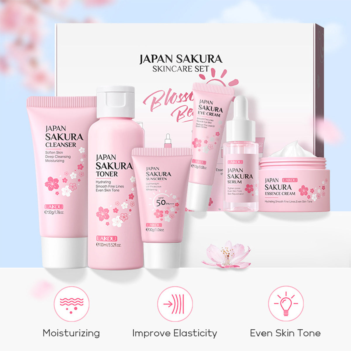 Japan Sakura Women's Travel Skin Care Set - Cleanser, Toner, Lotion, Serum, Eye Cream, Face Cream (TSA-friendly, 6pcs)