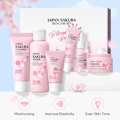 Japan Sakura Women's Travel Skin Care Set - Cleanser, Toner, Lotion, Serum, Eye Cream, Face Cream (TSA-friendly, 6pcs)