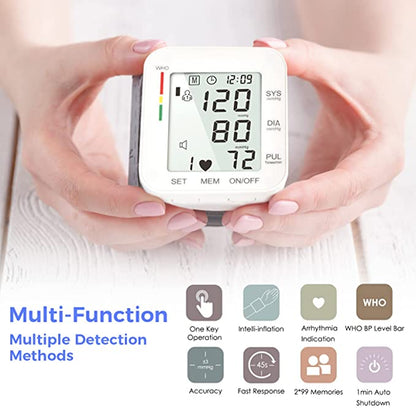 Voice-Enabled Wrist Blood Pressure Monitor with Memory and Irregular Heartbeat Detection