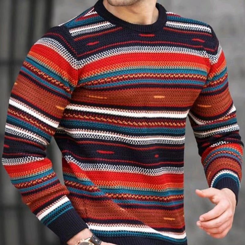 Men's Loose Round Neck Waffle Color Stripe Versatile Casual Bottomed Sweater