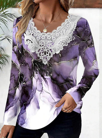 Women's Printed Long-sleeved T-shirt Patchwork Round Neck Top