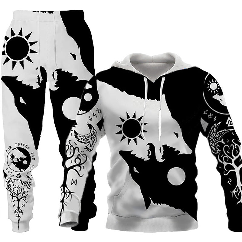 Wolf Print Hooded Tracksuit - Men's Outdoor Fitness Set