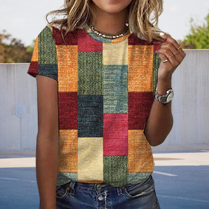 Women Leisure Color Checkered Short Sleeve Round Neck Top
