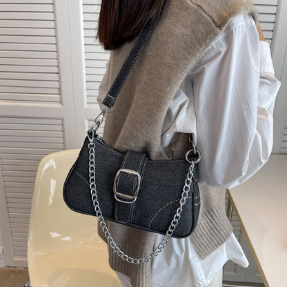 "Chic Denim Crossbody Armpit Bag with Fashionable Chains