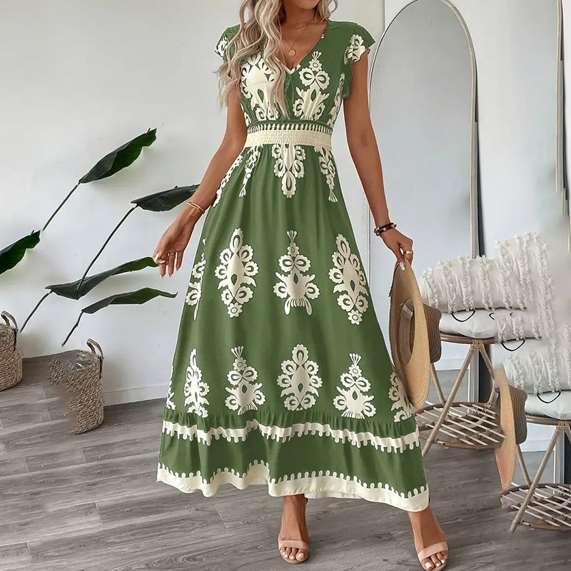 Women's Summer Flowy Maxi Dress Casual Cap Sleeve V Neck Smocked Waist Beach Sundress