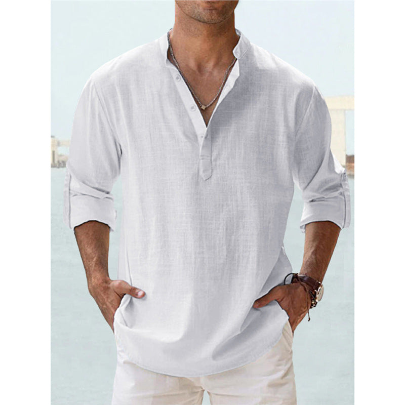 Casual Loose Lapel Cotton Long Sleeve Solid Color Men's Shirt