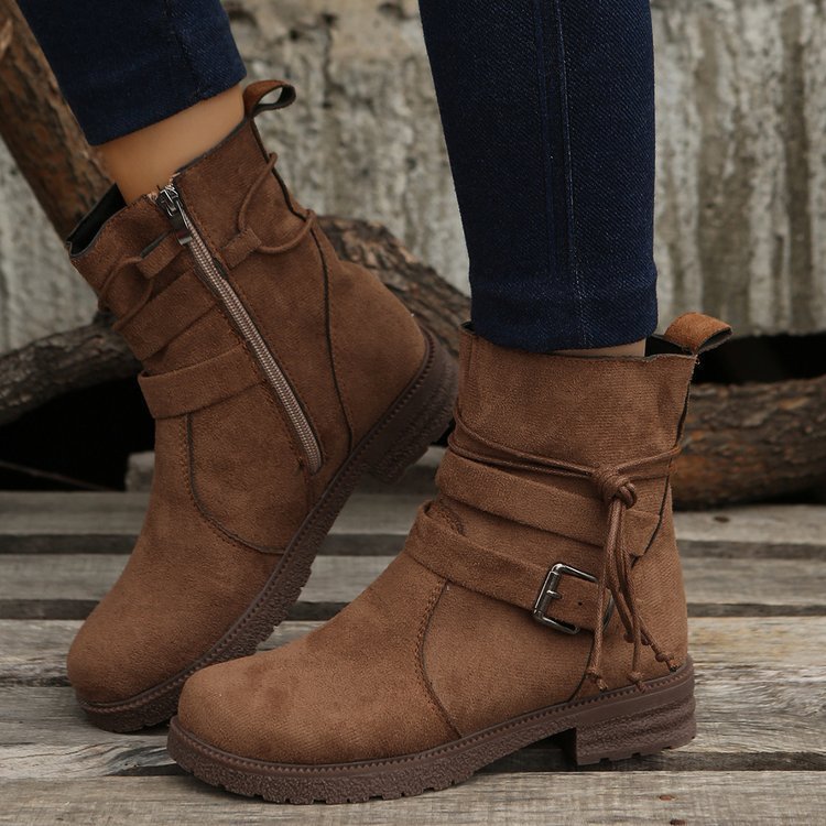 Fashionable Round Toe Buckle Boots with Square Heel