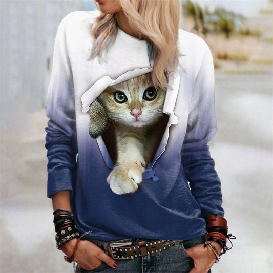 Cozy Mid-calf Sweatshirt with Gradient Cat Print, Long-sleeved