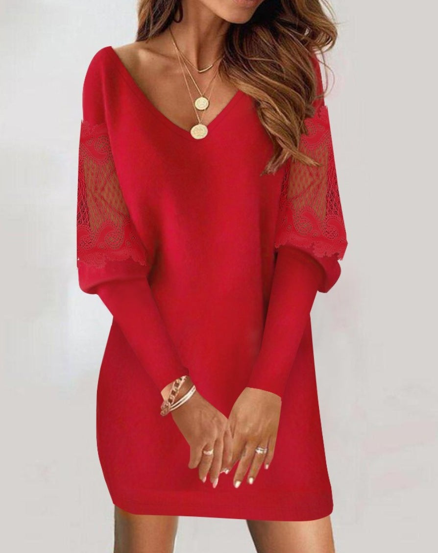 Women Lace Splicing Long-sleeved V-neck Dress