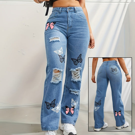 Women's Ripped Butterfly Print Jeans