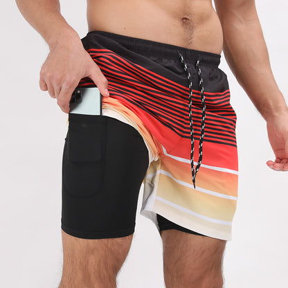 Pantalones cortos de playa con estampado degradado Pantalones cortos deportivos casuales de doble capa