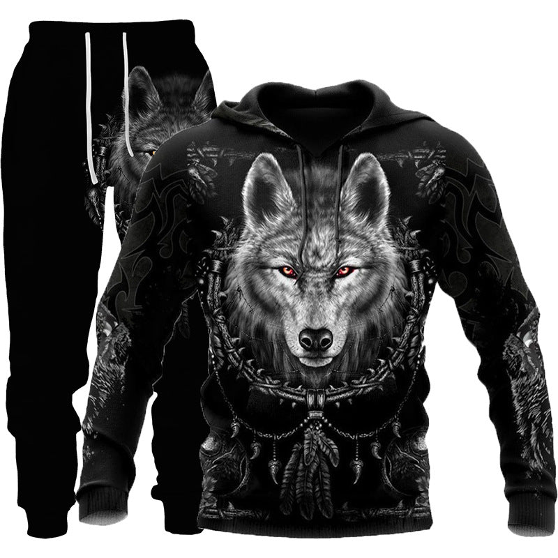 Wolf Print Hooded Tracksuit - Men's Outdoor Fitness Set