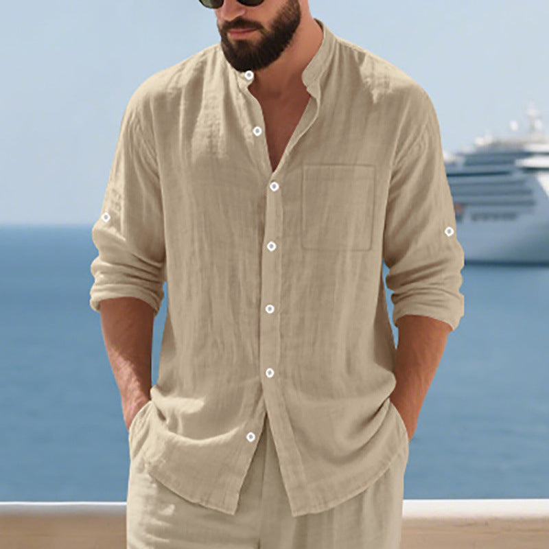 Breathable Linen Mens Button-Up Stand-Collar Long-Sleeve Shirt