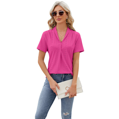 Women V-neck Hollow Design Summer Loose Short-sleeve T-shirt