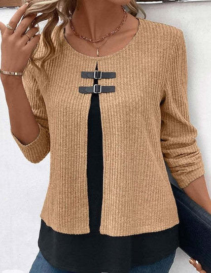 Sunken Stripe Fake Two Pieces Leather Ring Design Long Sleeve Knitted