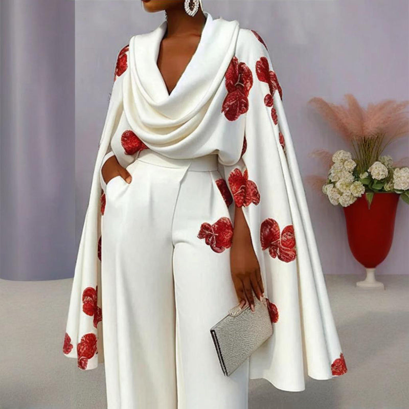 Women's Floral Print Mock Neck Long Sleeve Top & Wide Leg Pants Set With Pockets