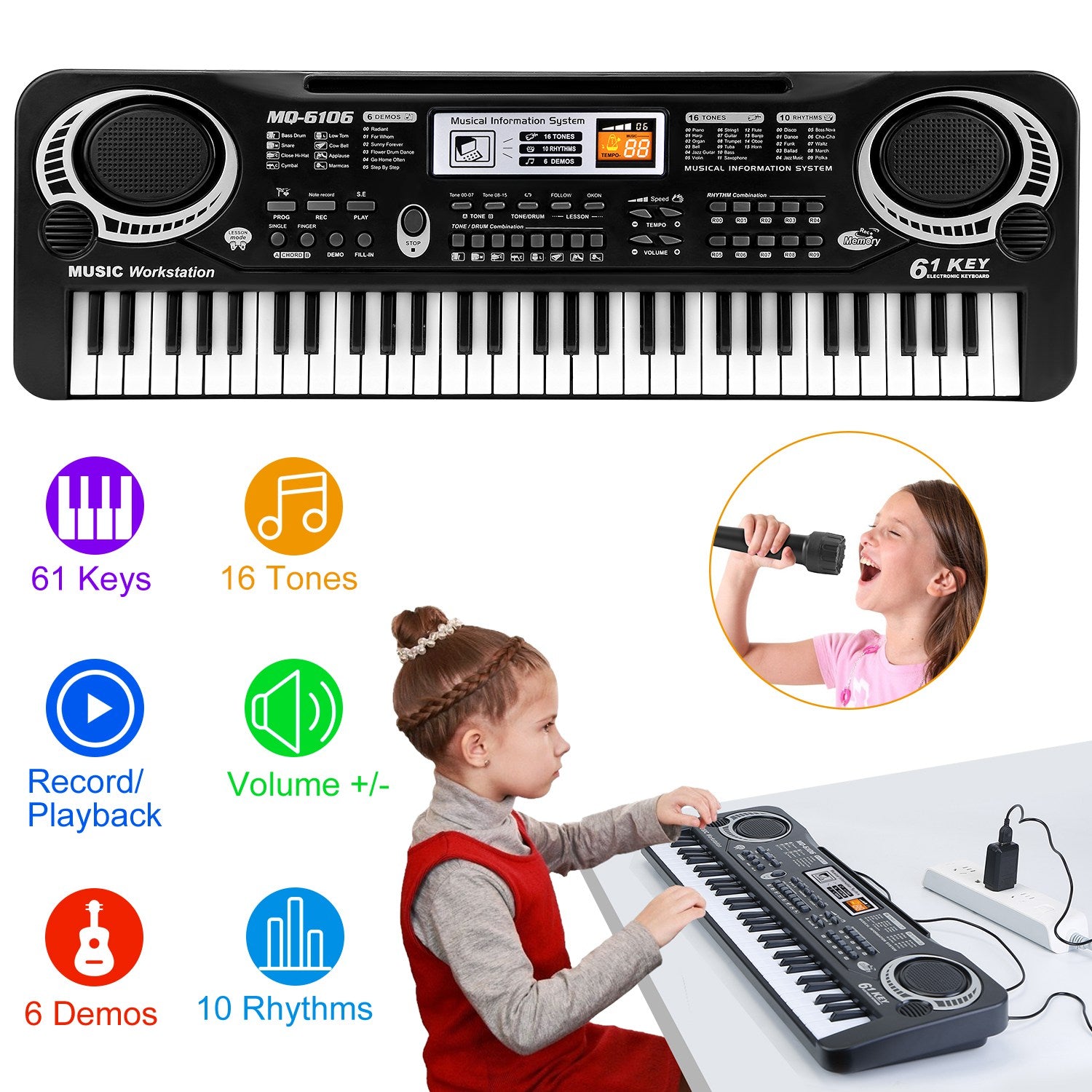 61 Keys Digital Music Electronic Keyboard Electric Piano Musical Instrument Kids Learning Keyboard With Microphone For Beginners Kids Girls Boys Adults