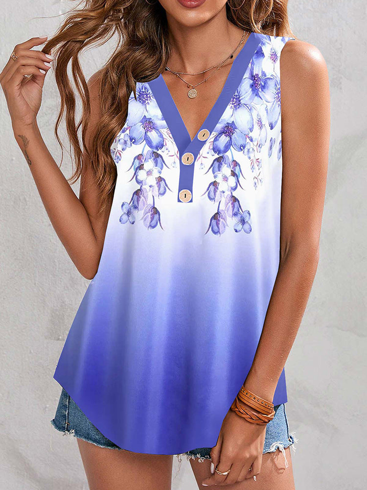 Casual V-neck Sleeveless Regular Pullover Digital Printed Women's T-shirt