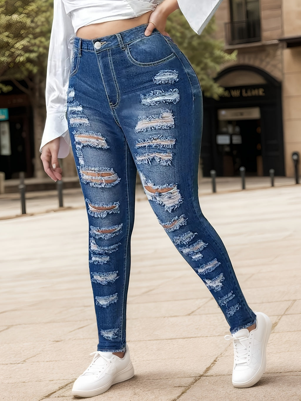 Women's Fashionable Casual Jeans, Tight Fitting Ripped Jeans, High Waisted Jeans