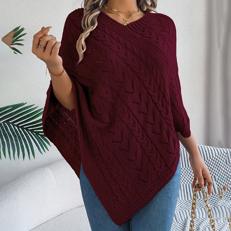 Women's Solid Color V-Neck Cape Sweater Batwing Sleeve Open-Knit Cardigan With Asymmetrical Hem