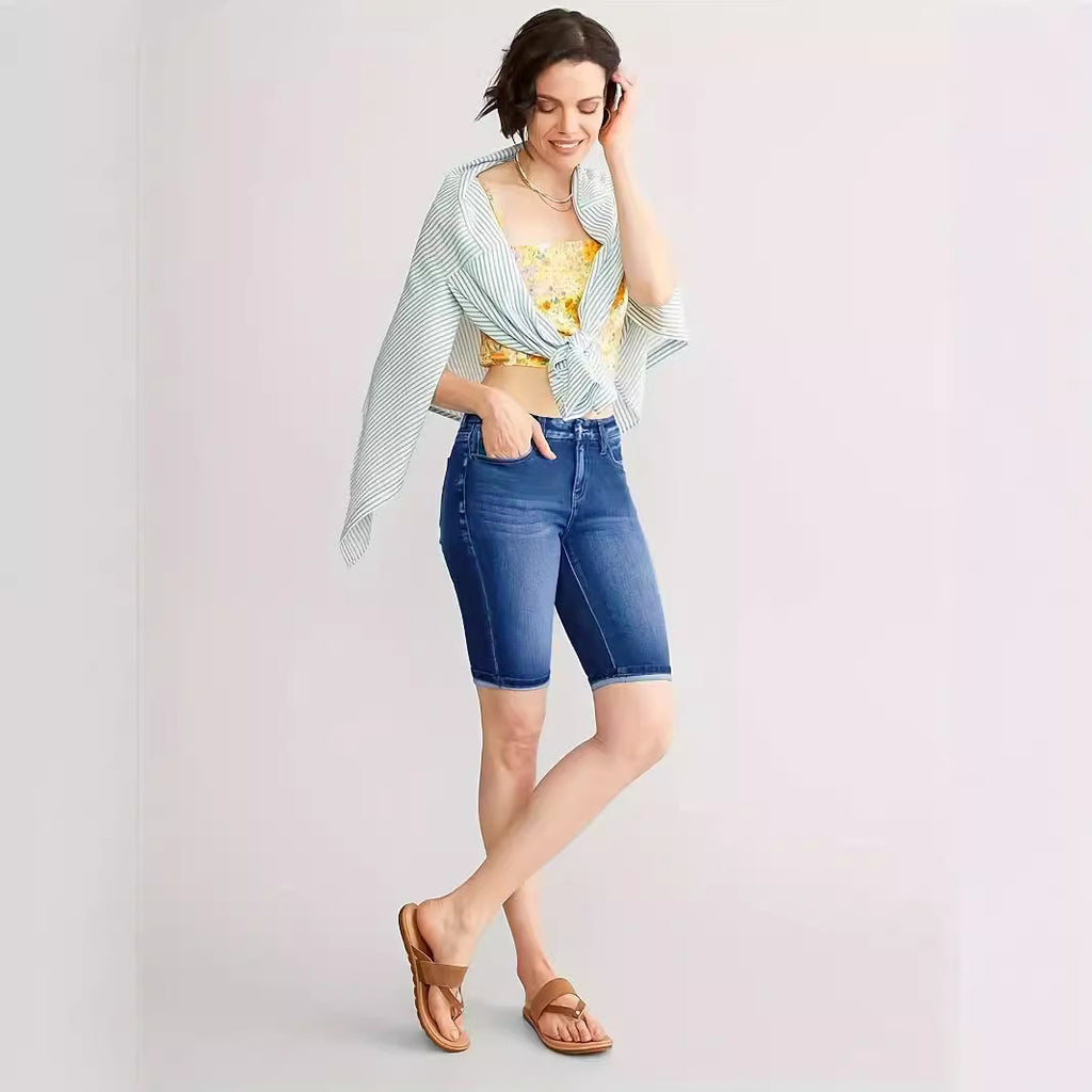 Women's Slim Fit All-match Embossed Button Denim Shorts